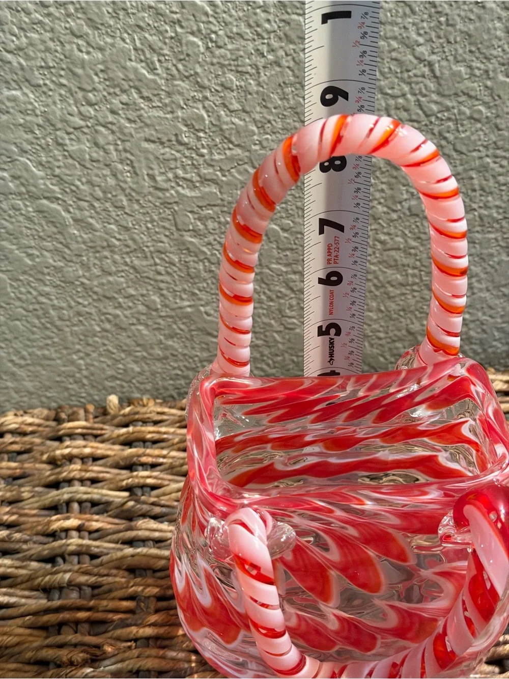 Hand Blown Art Glass Purse Sculpture Pink Red Candy Stripe Handbag Decorative